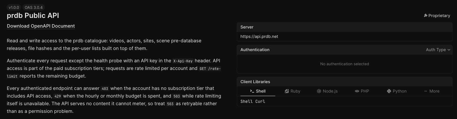 PRDB Public API documentation with server, authentication and client examples
