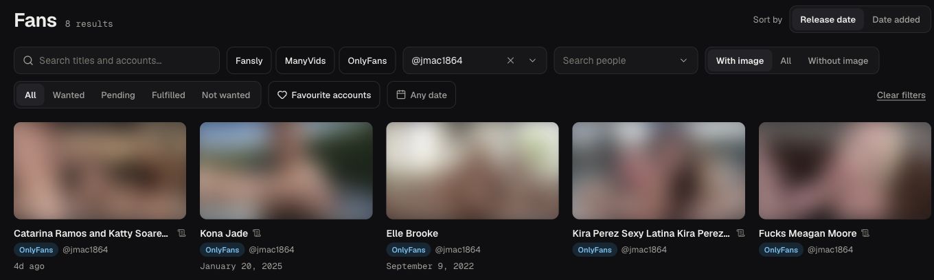 Fans results filtered to the selected creator account, with the account handle visible in the filter and on every card. Preview images are blurred.