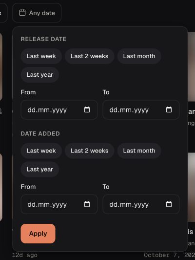 Open Fans date filter with separate Release date and Date added ranges, preset periods, From and To fields, and an Apply button.
