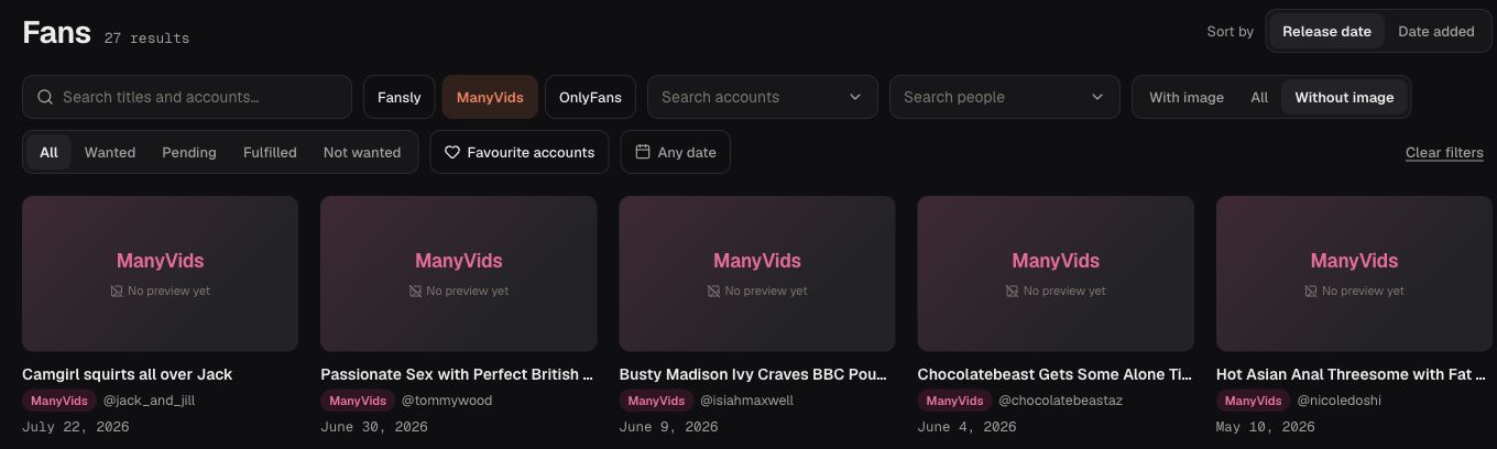 Fans view with ManyVids and Without image selected, showing platform-coloured No preview yet cards.