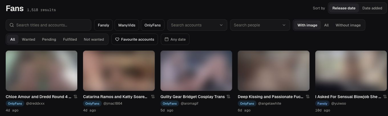 PRDB Fans view with platform, account, person, preview-image and Wanted filters above blurred video cards.